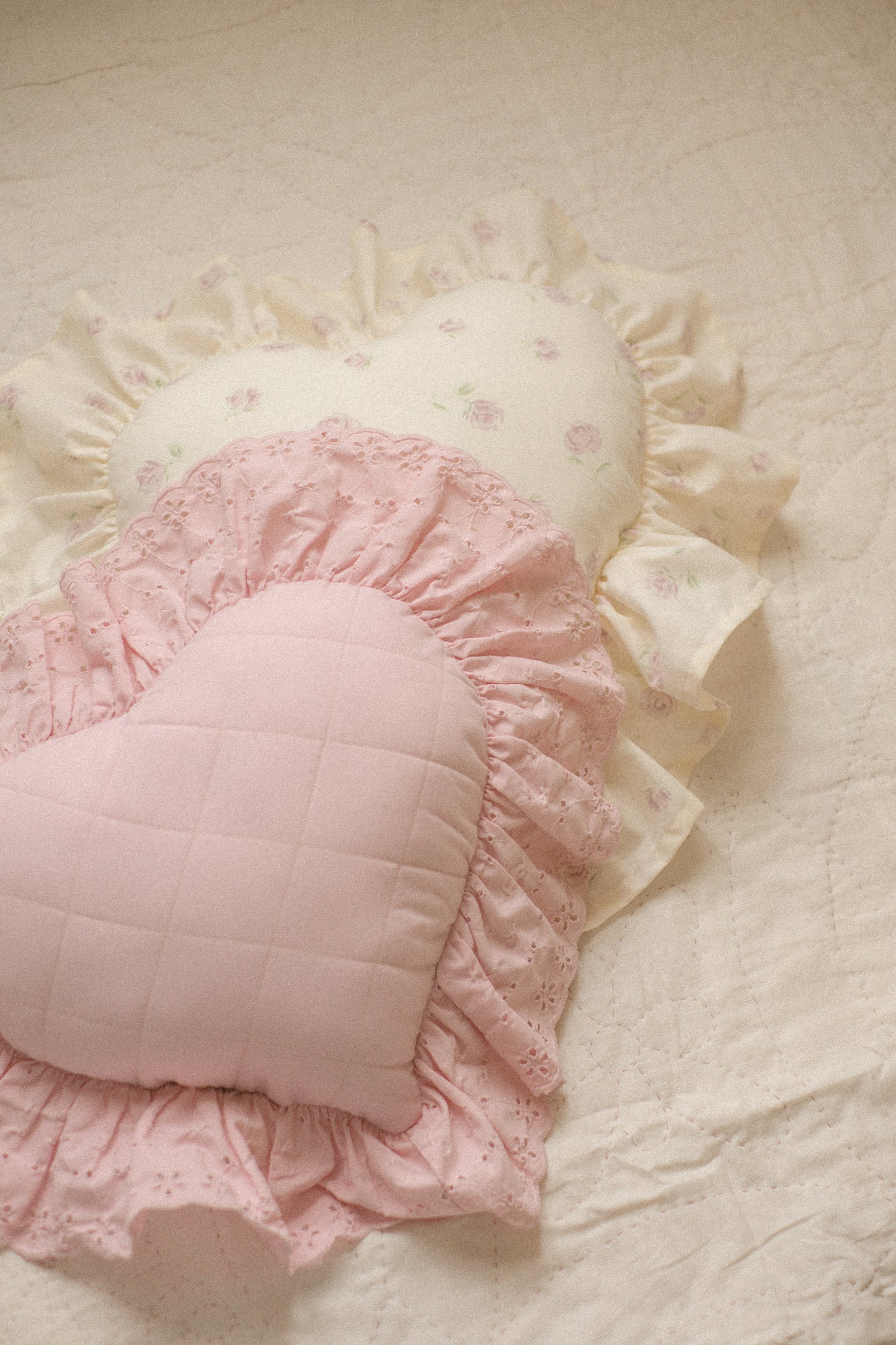Handmade ruffled heart pillow - rosebud