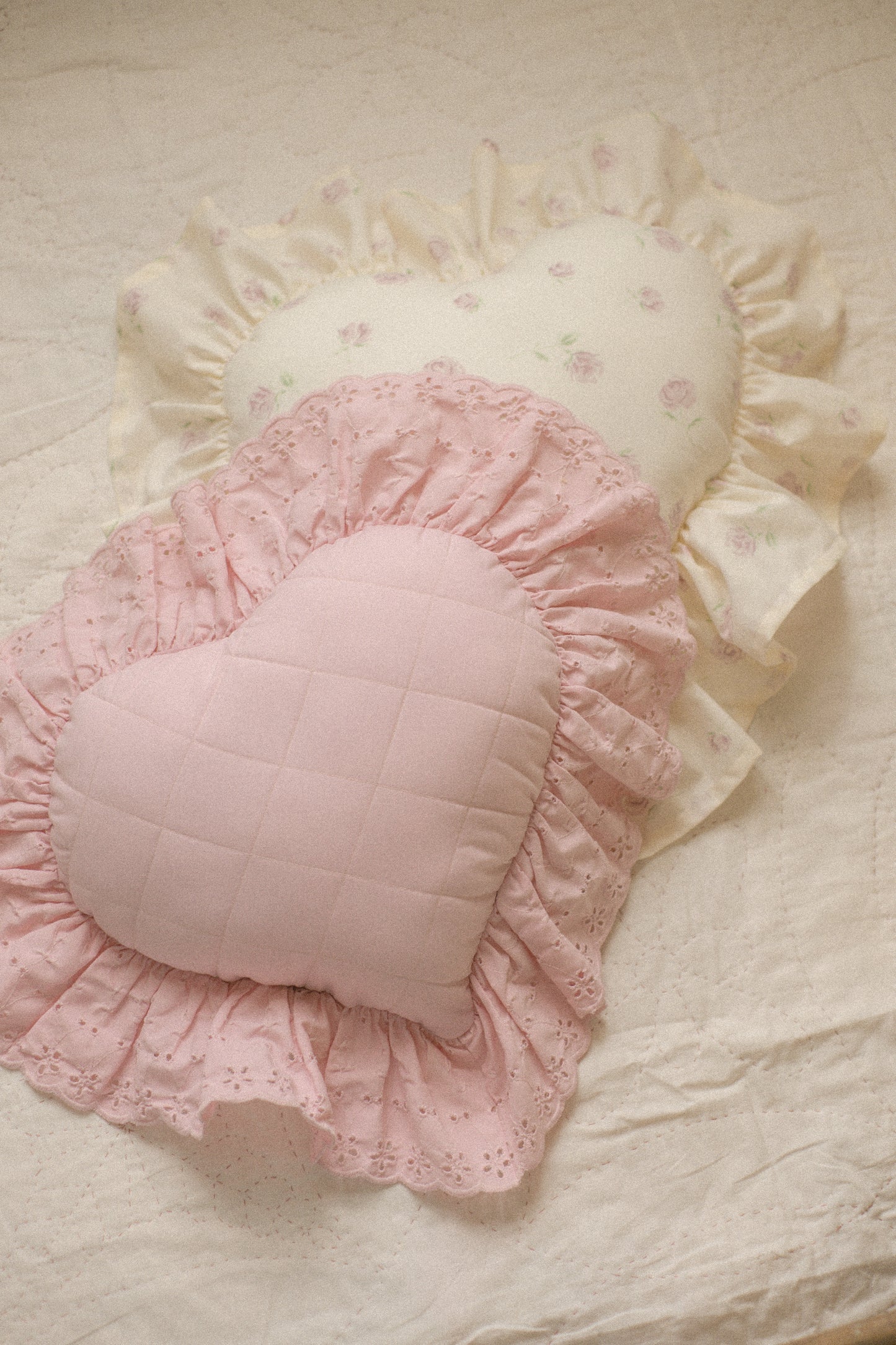 Handmade ruffled heart pillow - rosebud