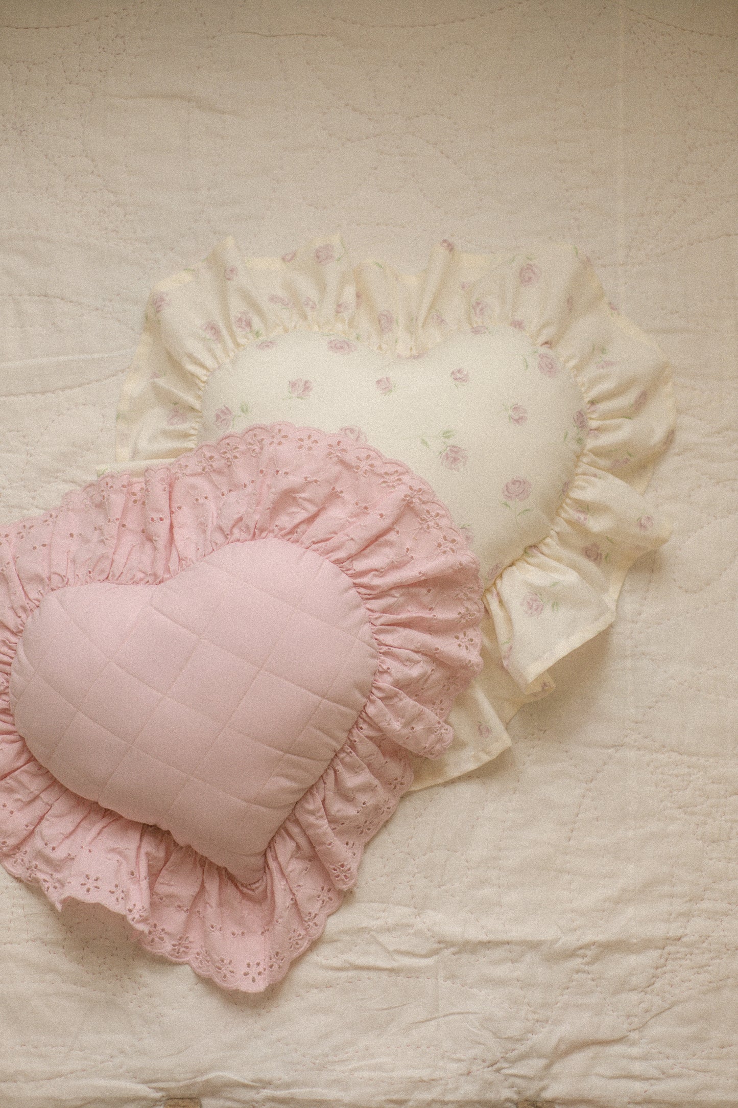 Handmade ruffled heart pillow - rosebud