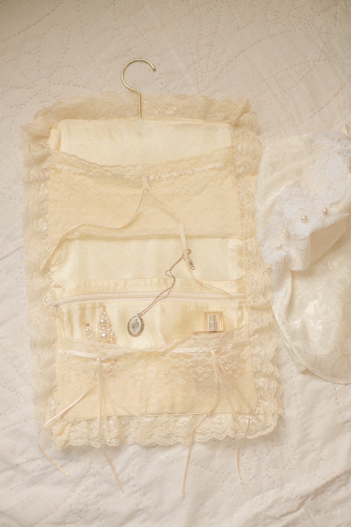 Vintage hanging satin lace trimmed organizer