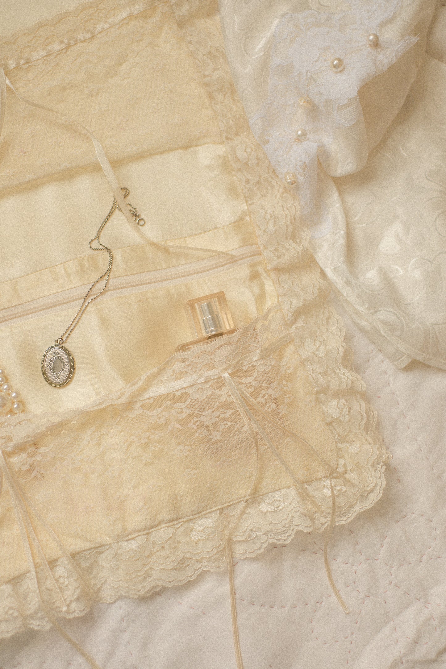 Vintage hanging satin lace trimmed organizer