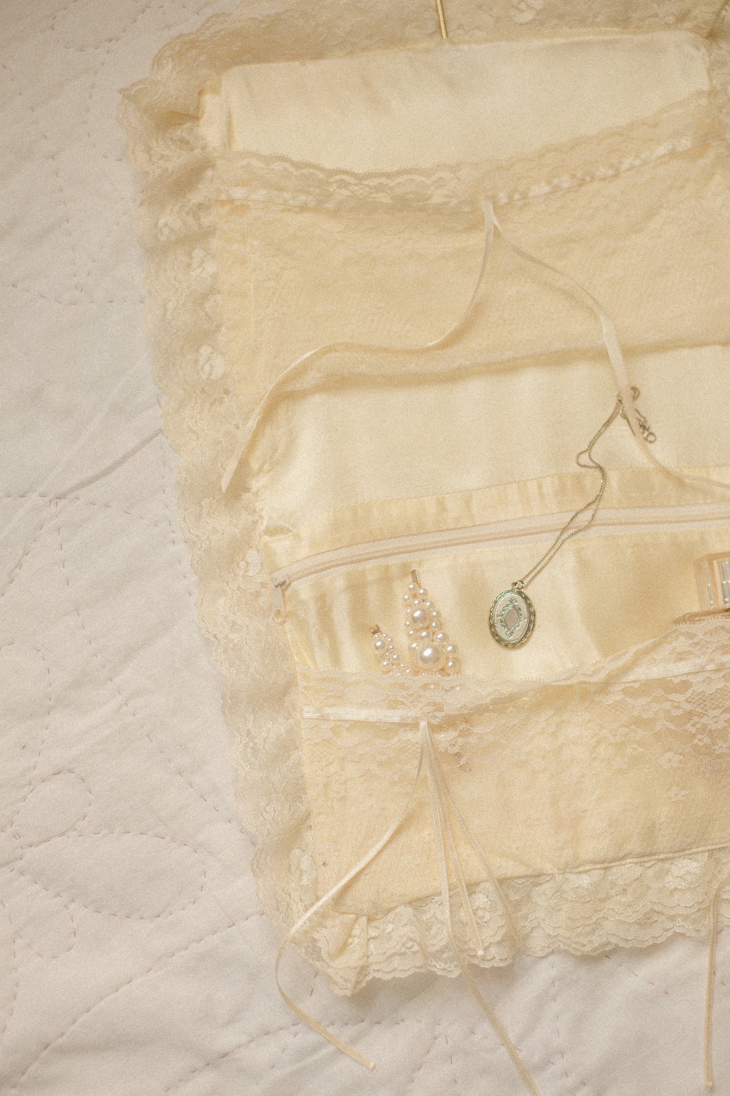 Vintage hanging satin lace trimmed organizer