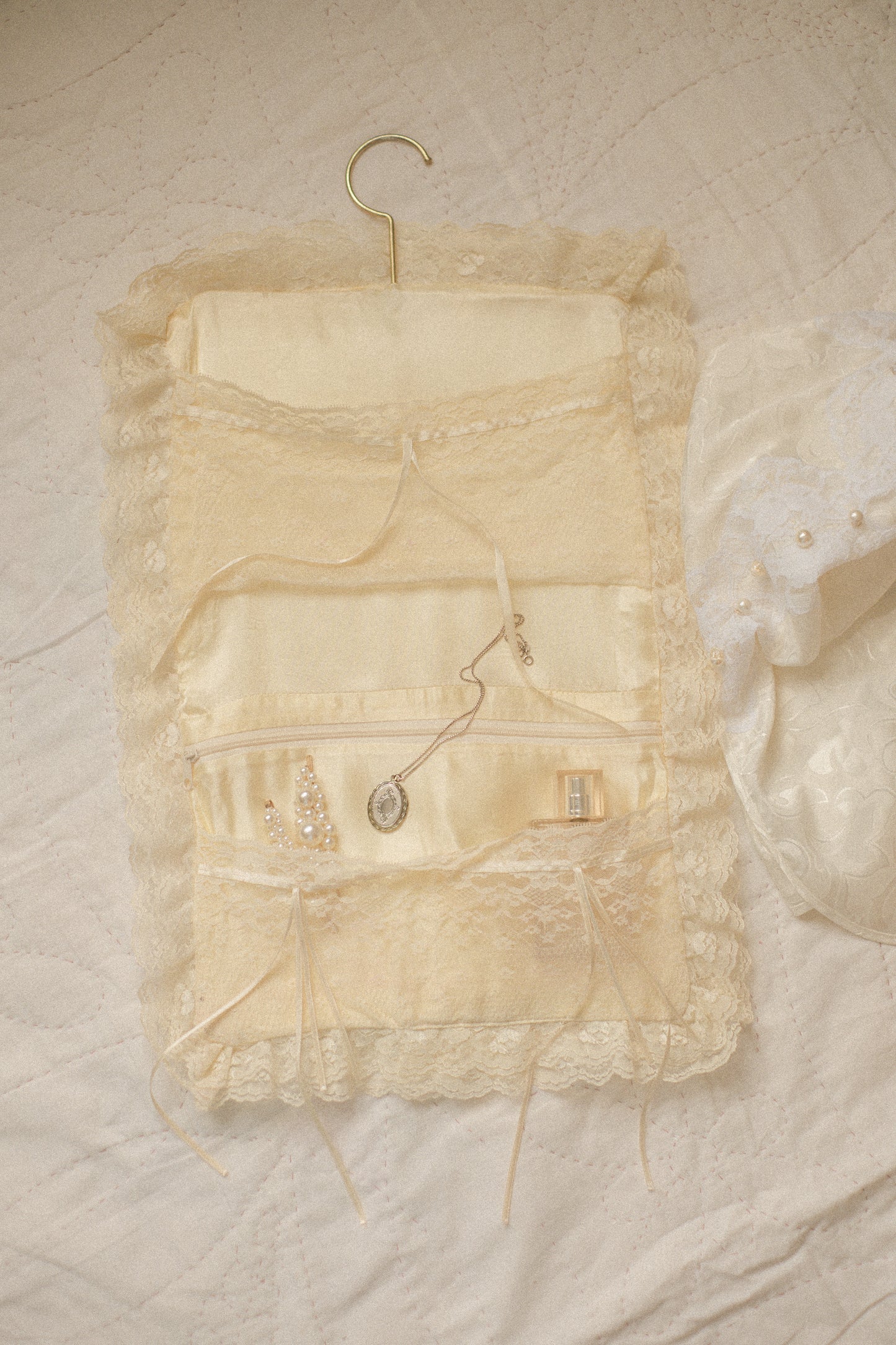Vintage hanging satin lace trimmed organizer