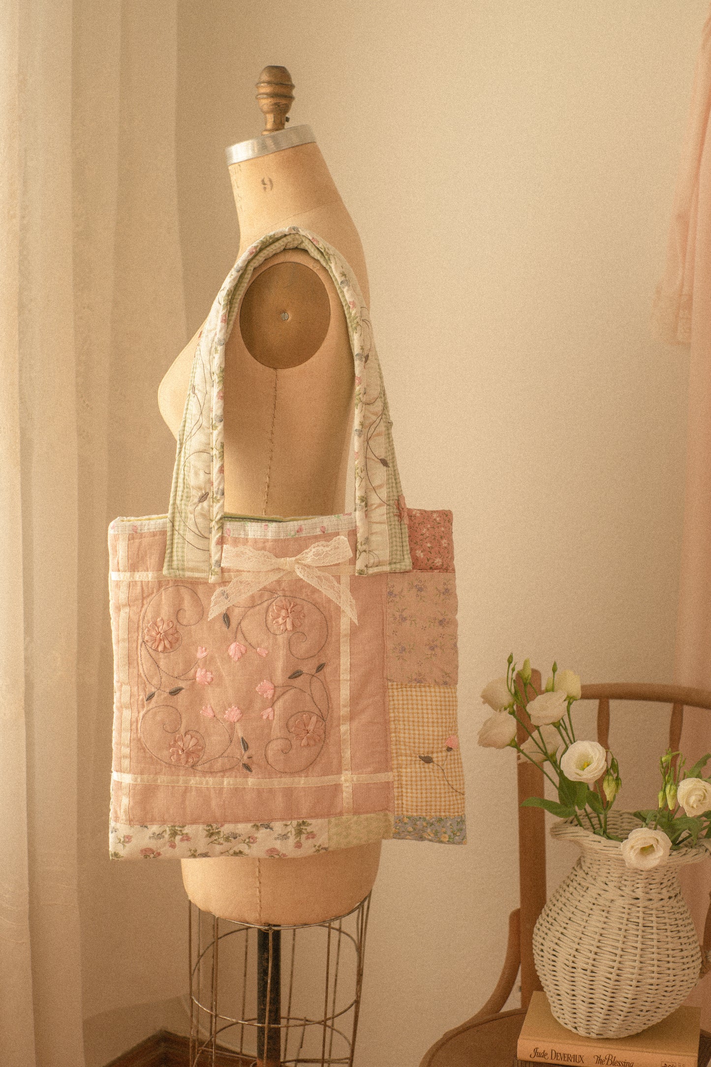 Handmade quilted mini tote bag - spring meadow
