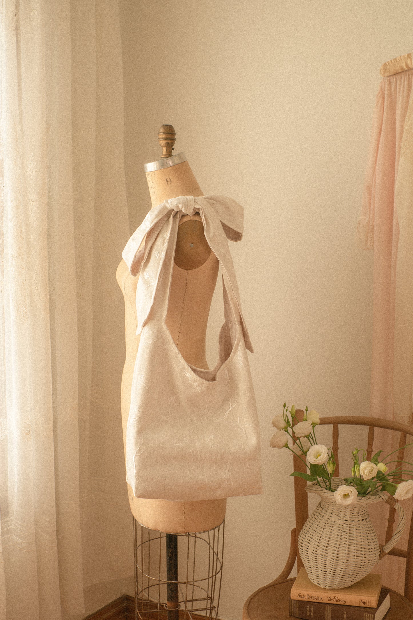 Handmade Ribbon reversible tote - café au lait