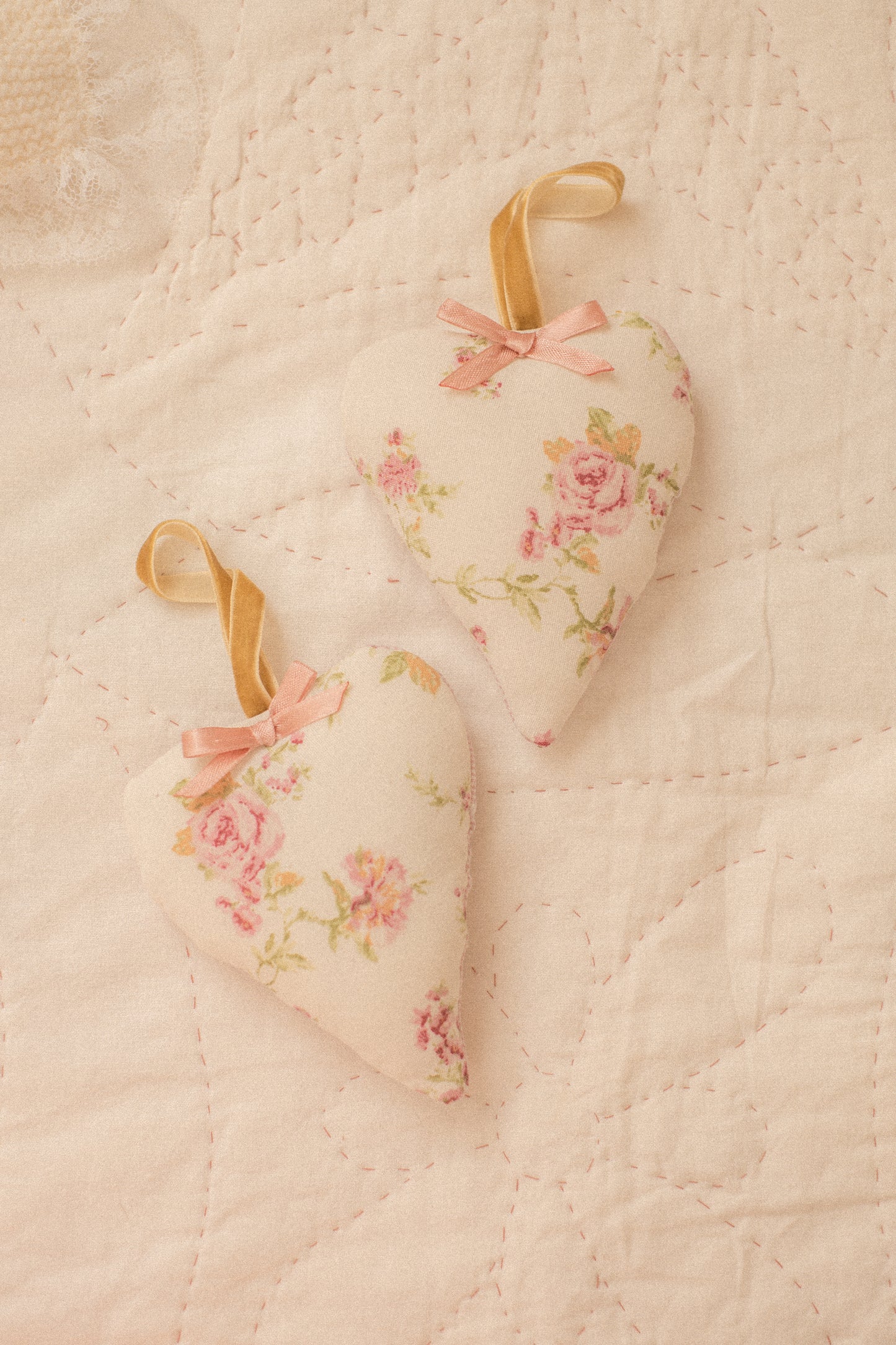 Handmade quilted heart shaped ornaments ♡