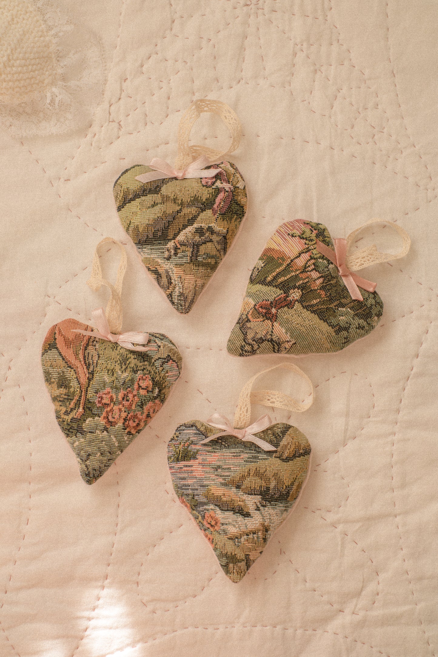 Handmade quilted heart shaped ornaments ♡