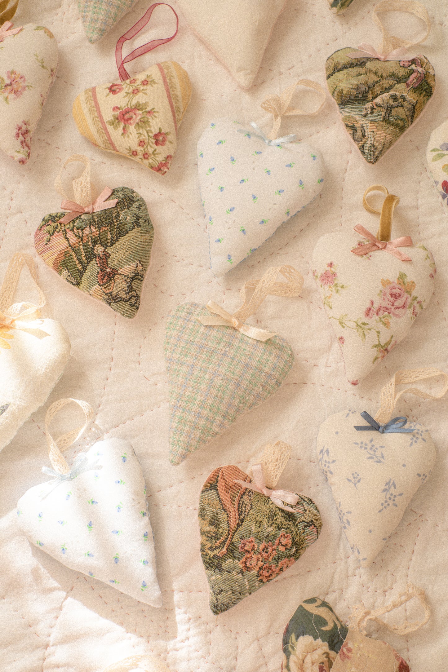 Handmade quilted heart shaped ornaments ♡