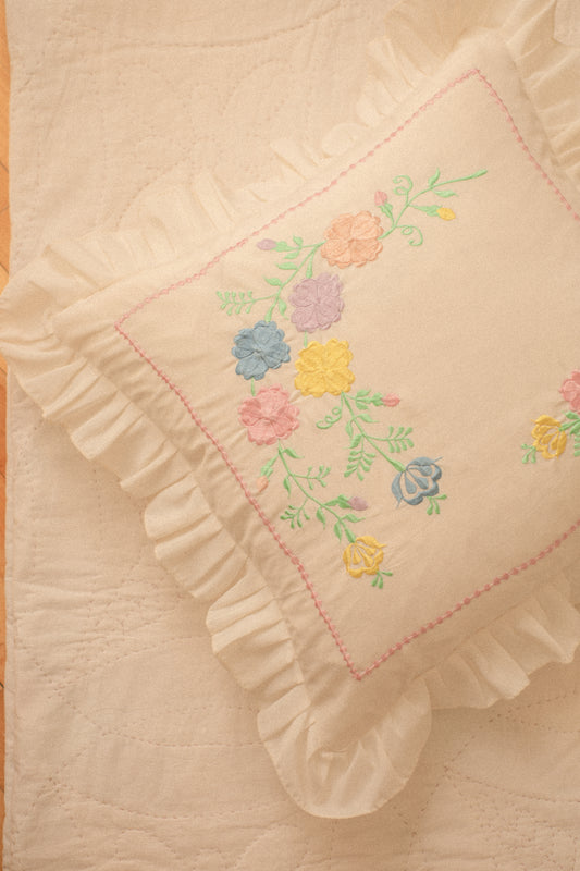 Vintage embroidered ruffled pillow cover set