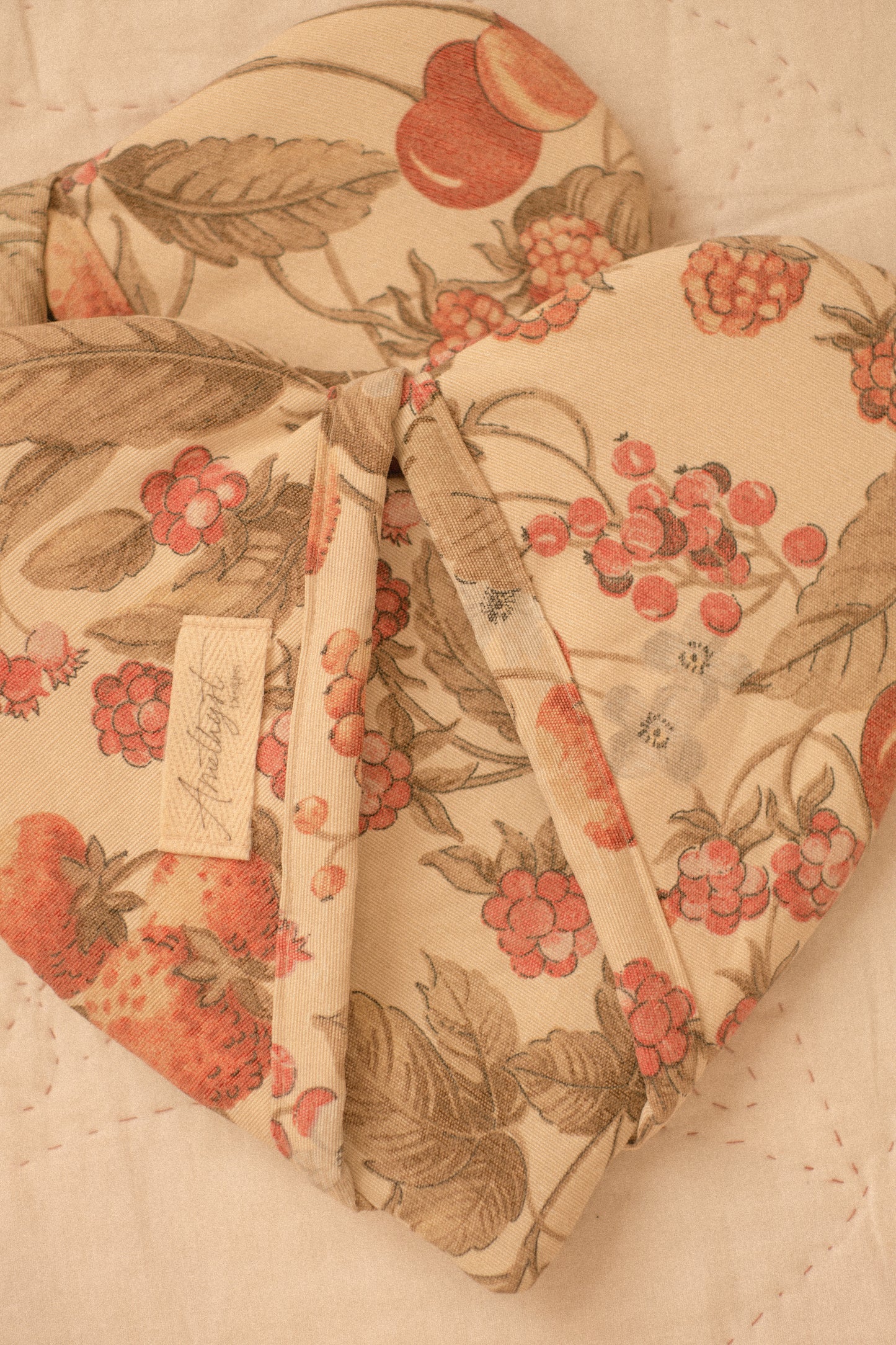 Handmade heart shaped oven mitts - fruit picking