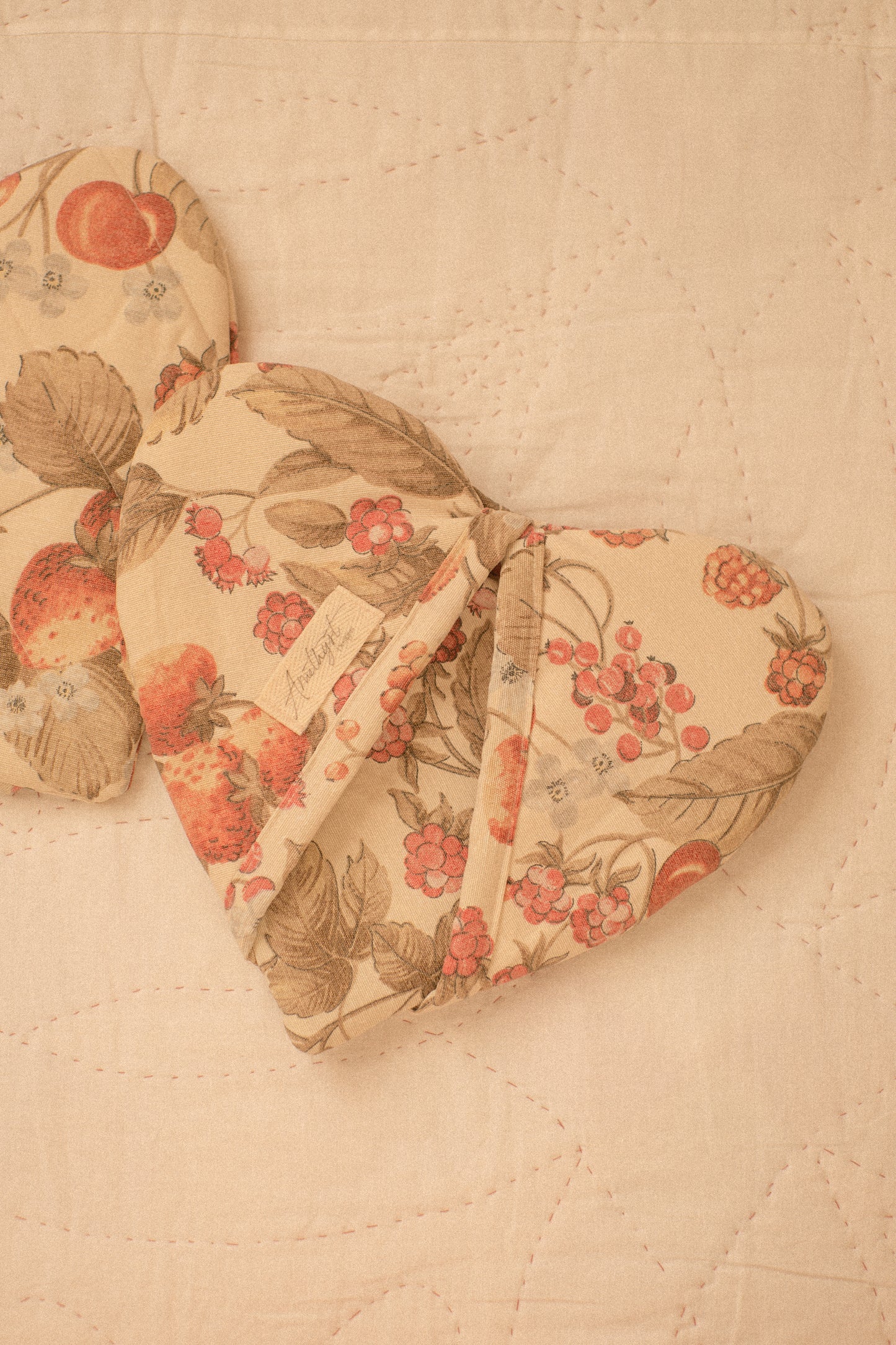 Handmade heart shaped oven mitts - fruit picking