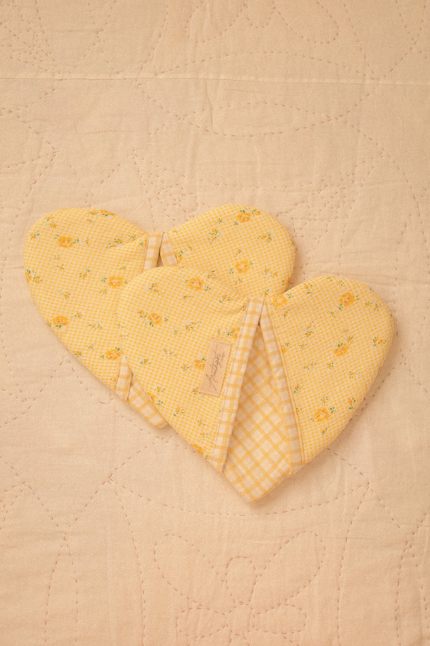 Handmade heart shaped oven mitts- honeysuckle