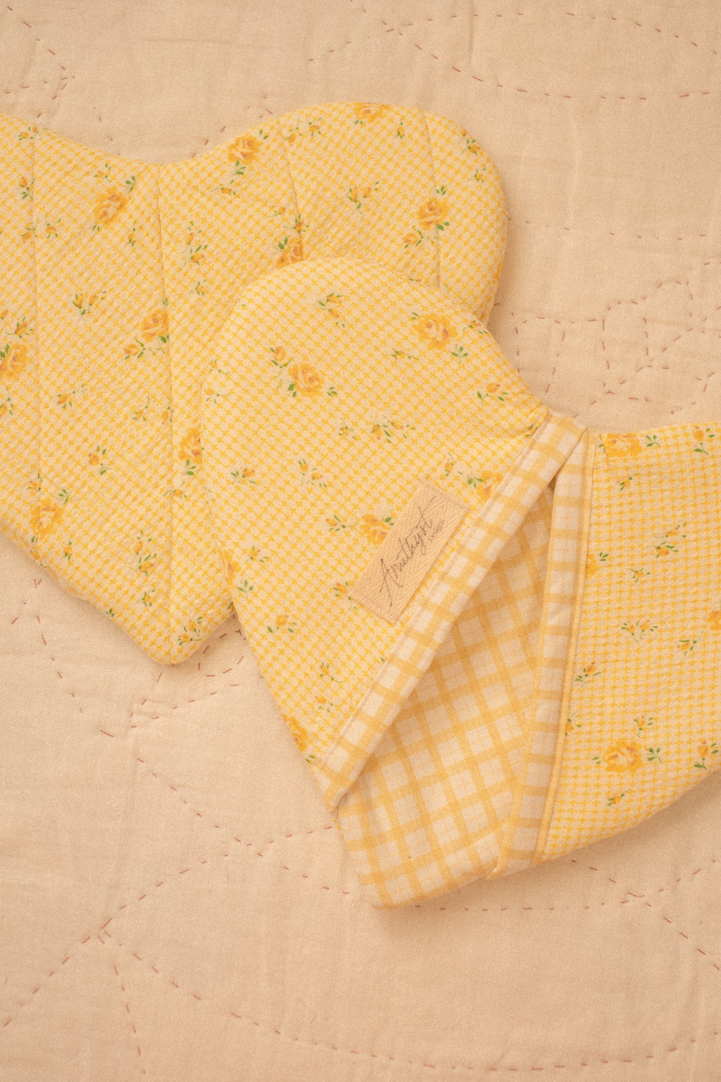 Handmade heart shaped oven mitts- honeysuckle