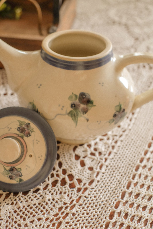 Vintage handmade ceramic blueberry tea pot