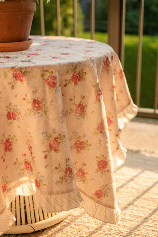 Vintage pink floral ruffled tablecloth
