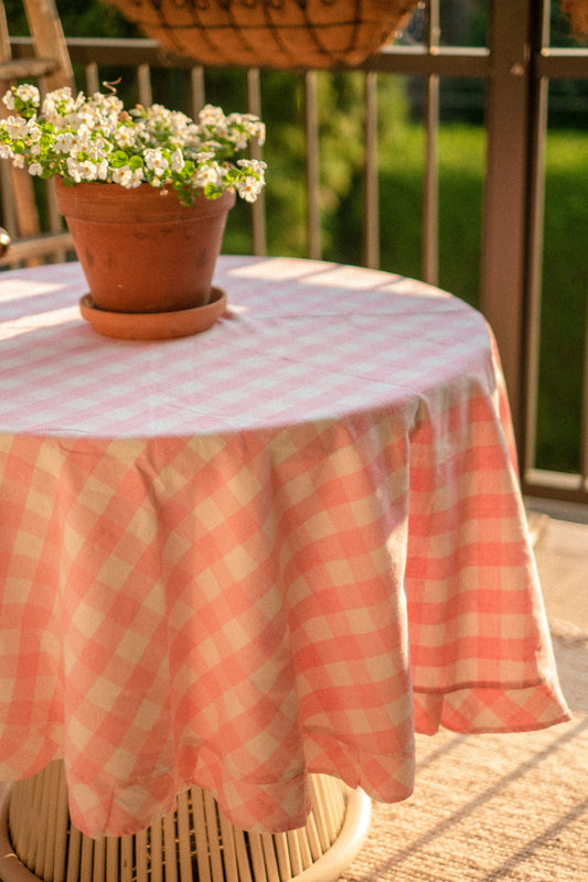 Vintage pink gingham tablecloth
