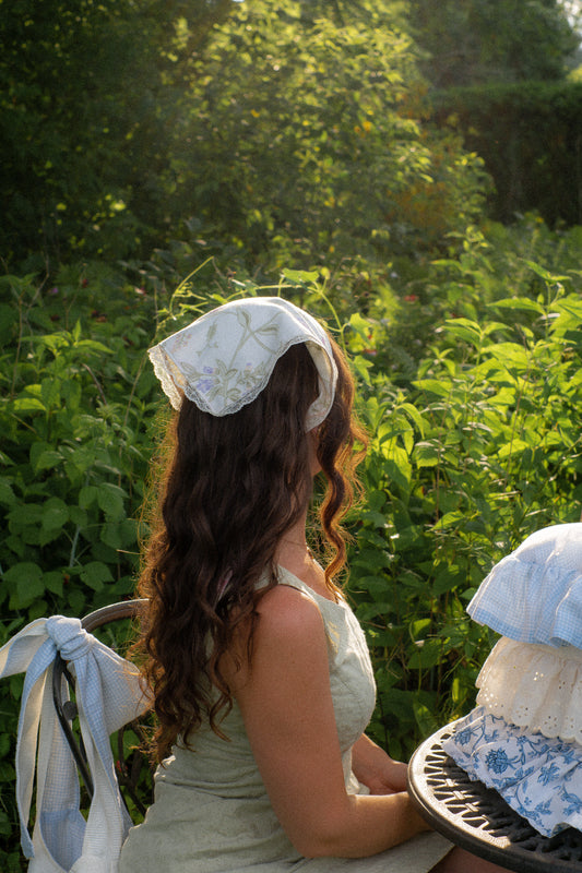 Handmade floral lace trimmed hankerchief bandana