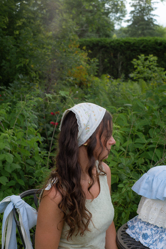 Handmade floral lace trimmed hankerchief bandana