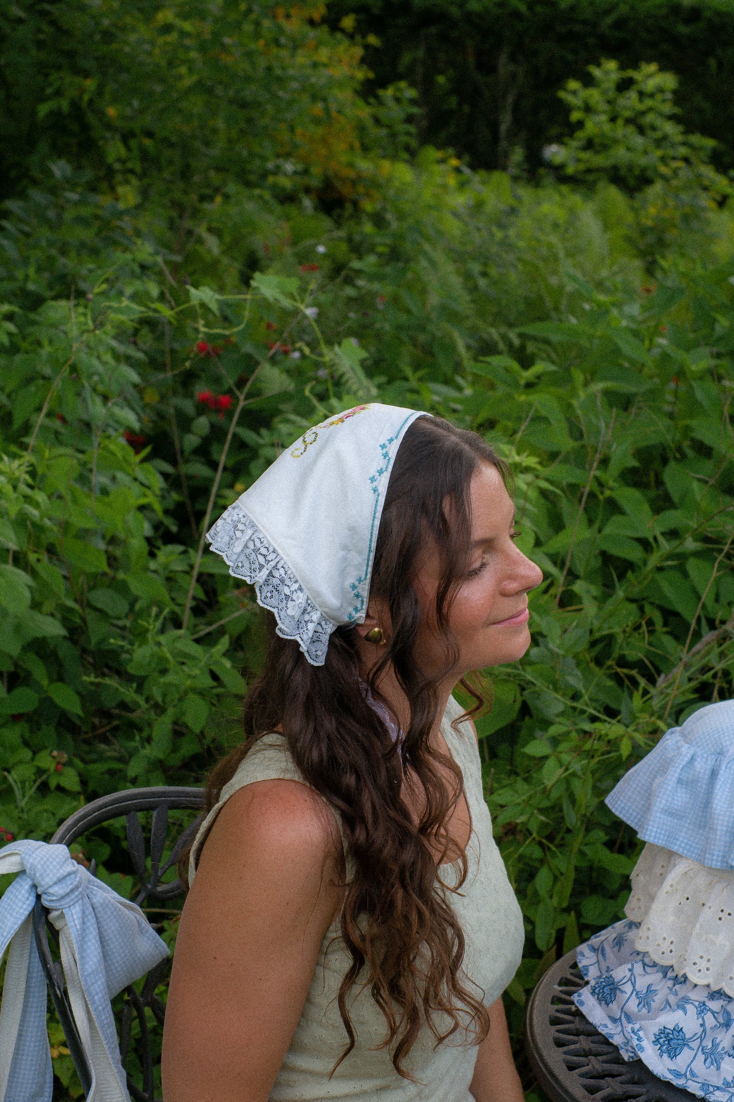 Handmade floral lace trimmed embroidered bandana