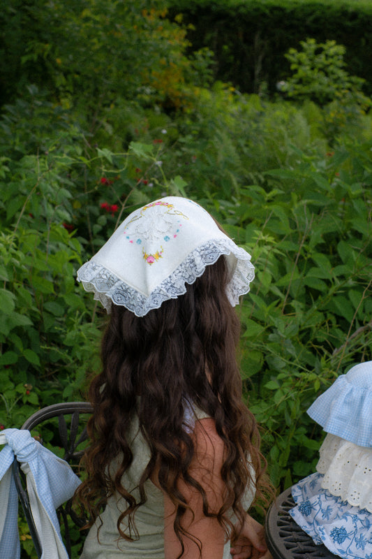 Handmade floral lace trimmed embroidered bandana
