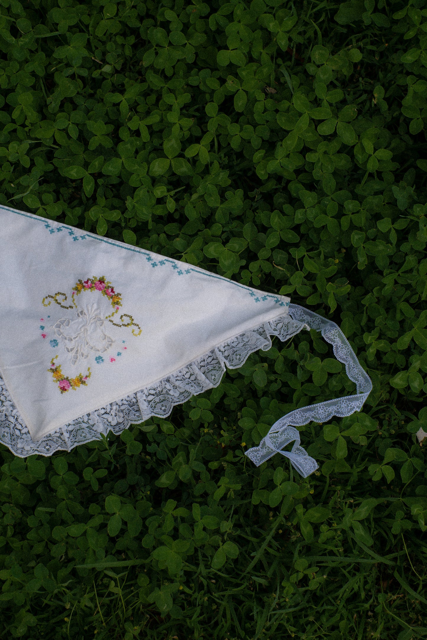 Handmade floral lace trimmed embroidered bandana