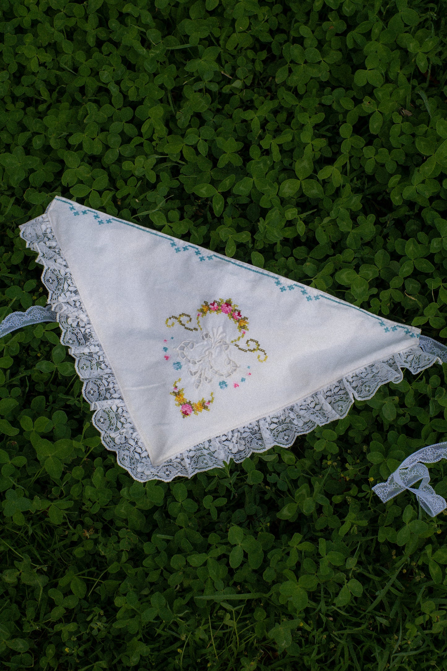 Handmade floral lace trimmed embroidered bandana
