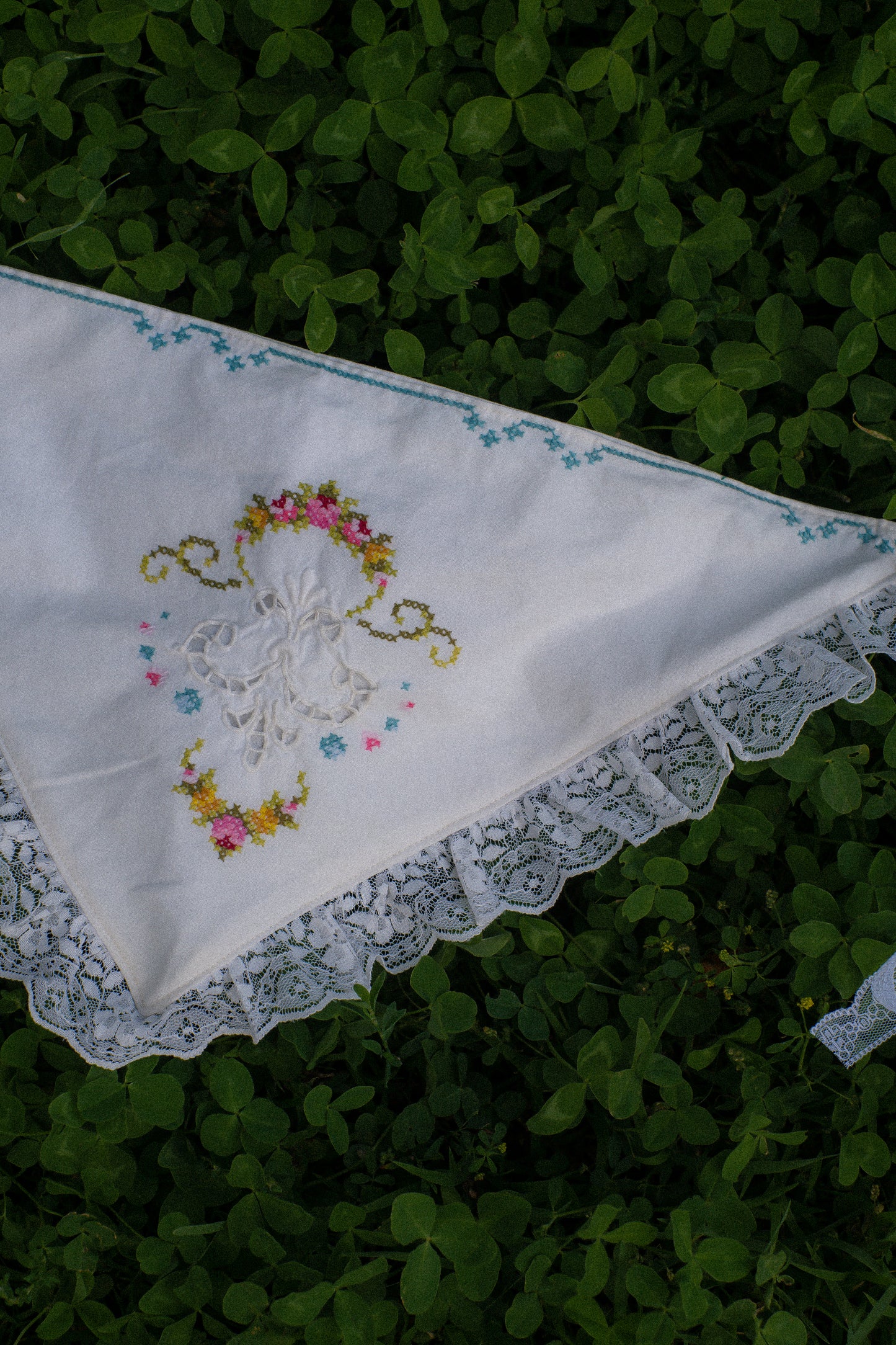 Handmade floral lace trimmed embroidered bandana