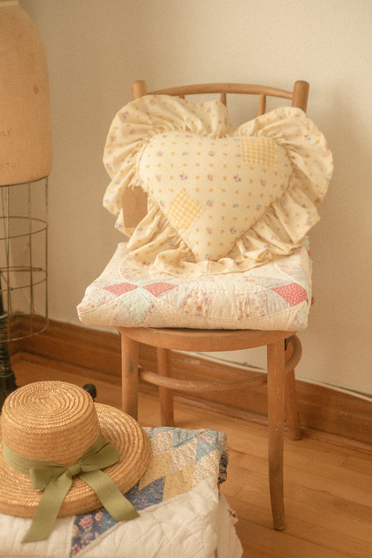 Handmade ruffled heart pillow - petite fleur
