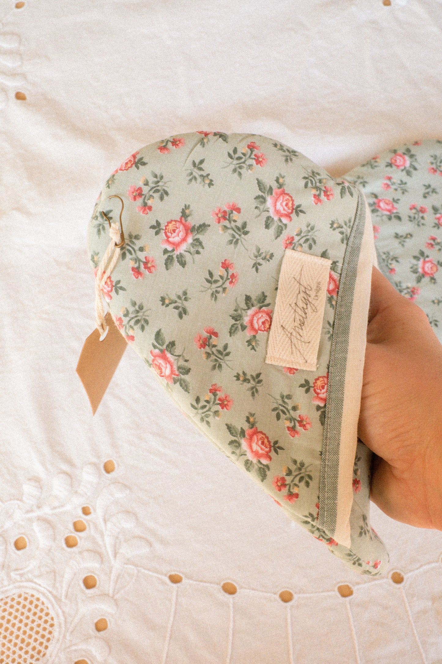 Handmade heart shaped oven mitt set -