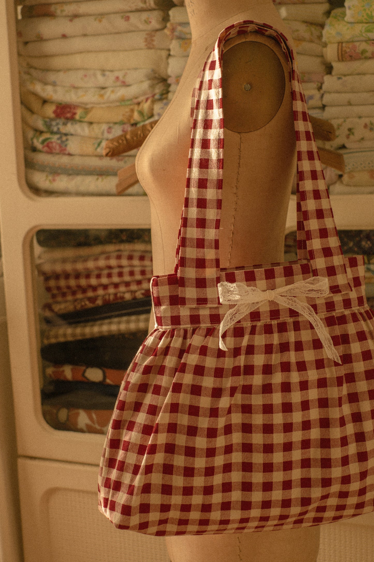 Handmade gingham book tote