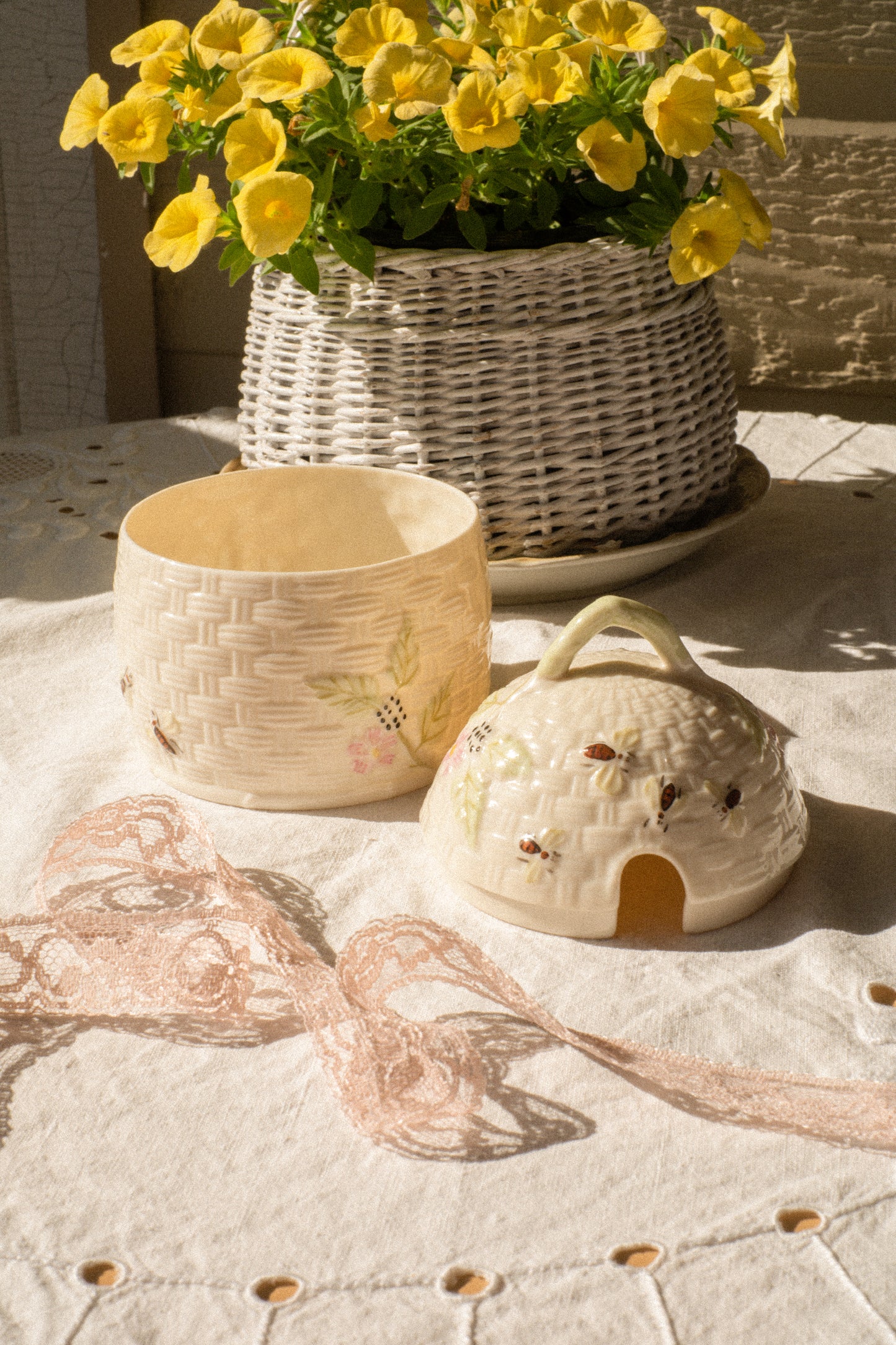 Vintage ceramic hand-painted honey pot