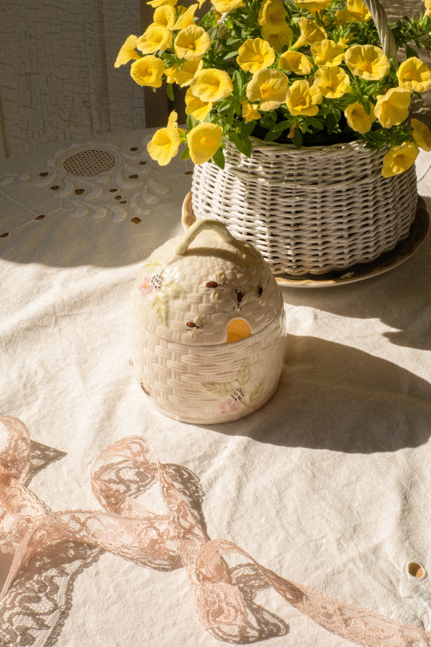 Vintage ceramic hand-painted honey pot