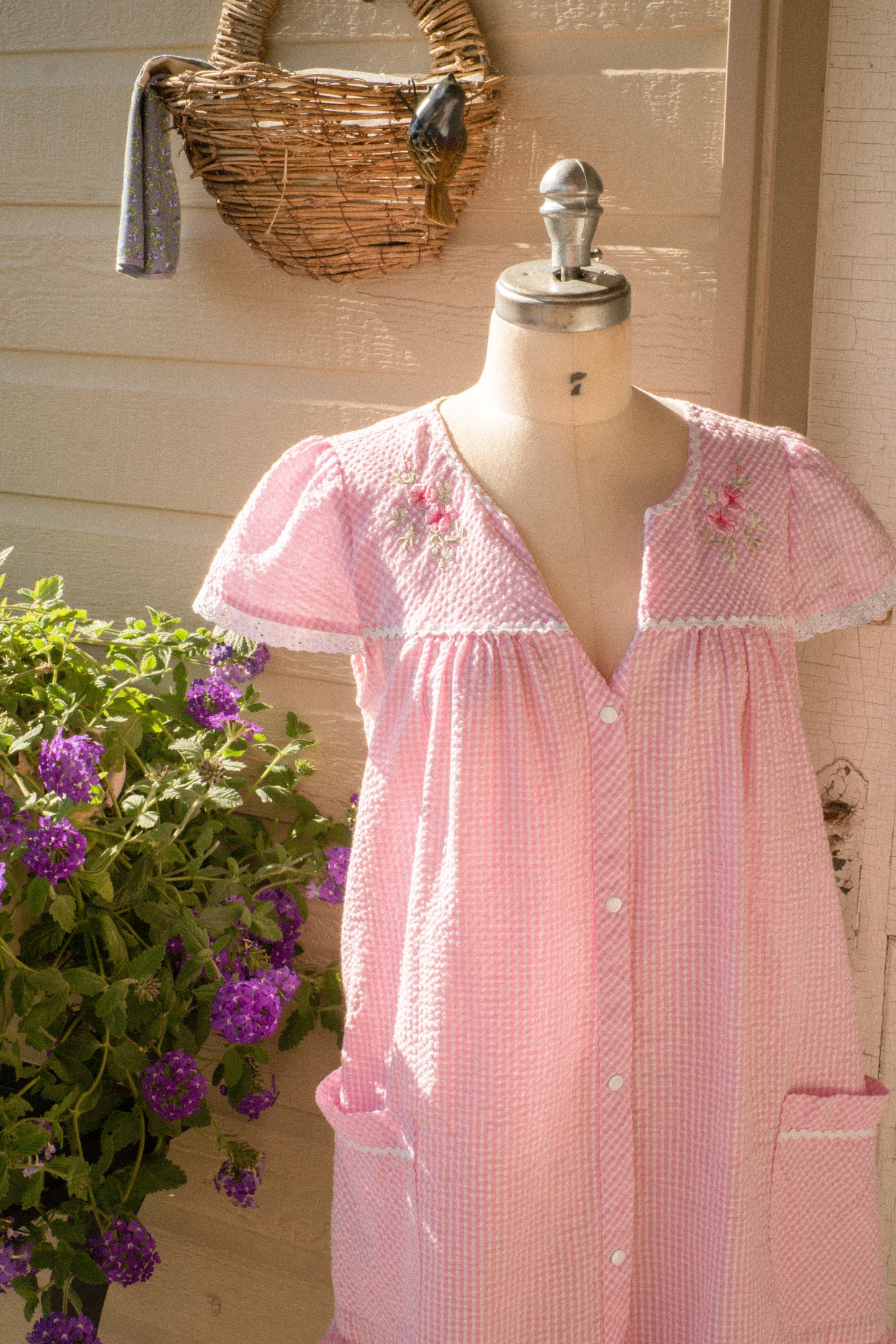 Vintage gingham embroidered ruffed nighty