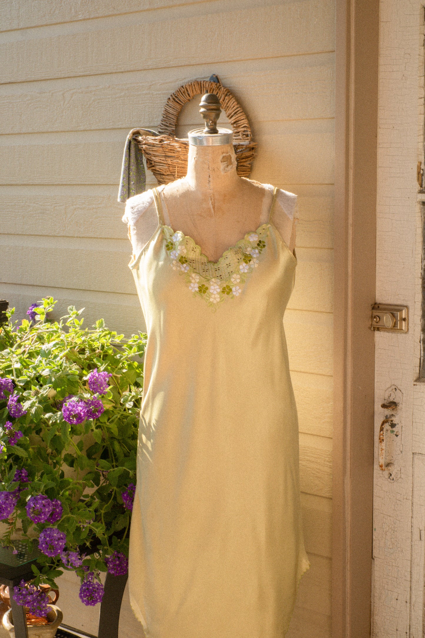 Vintage green satin embroidered slip dress