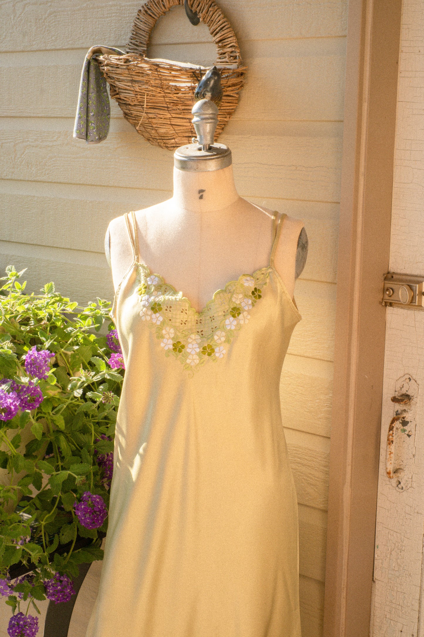 Vintage green satin embroidered slip dress