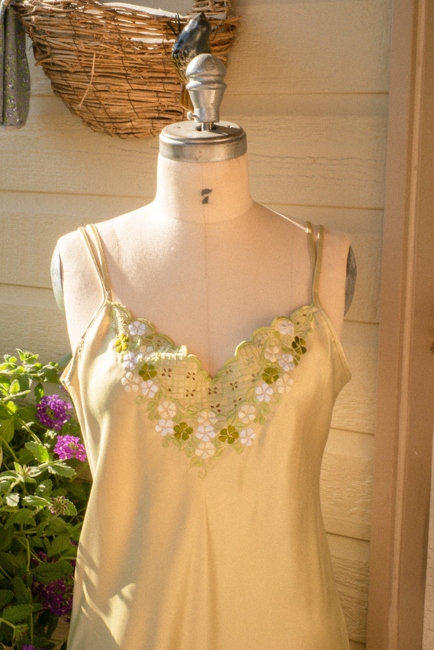 Vintage green satin embroidered slip dress