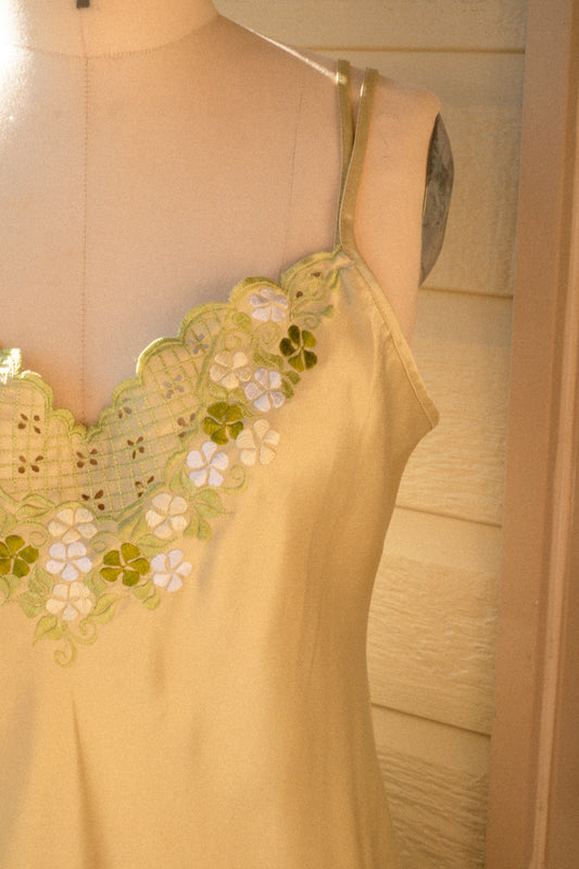 Vintage green satin embroidered slip dress