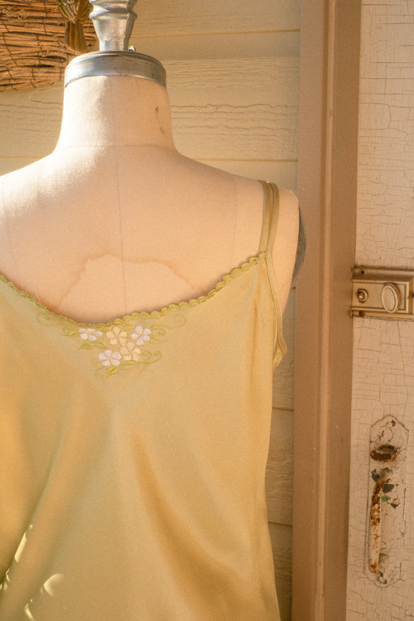 Vintage green satin embroidered slip dress