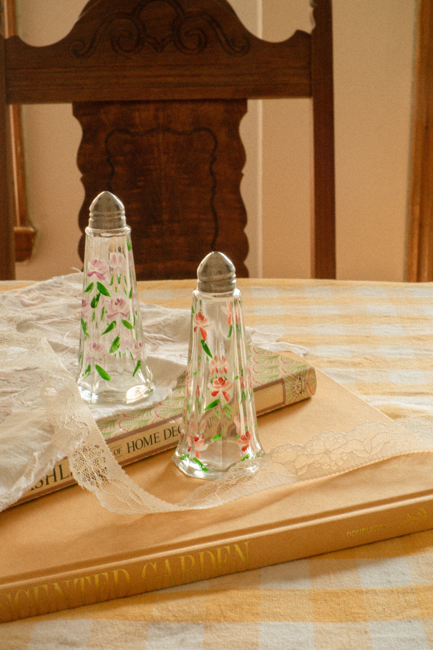 Vintage hand-painted floral glass s&p shakers
