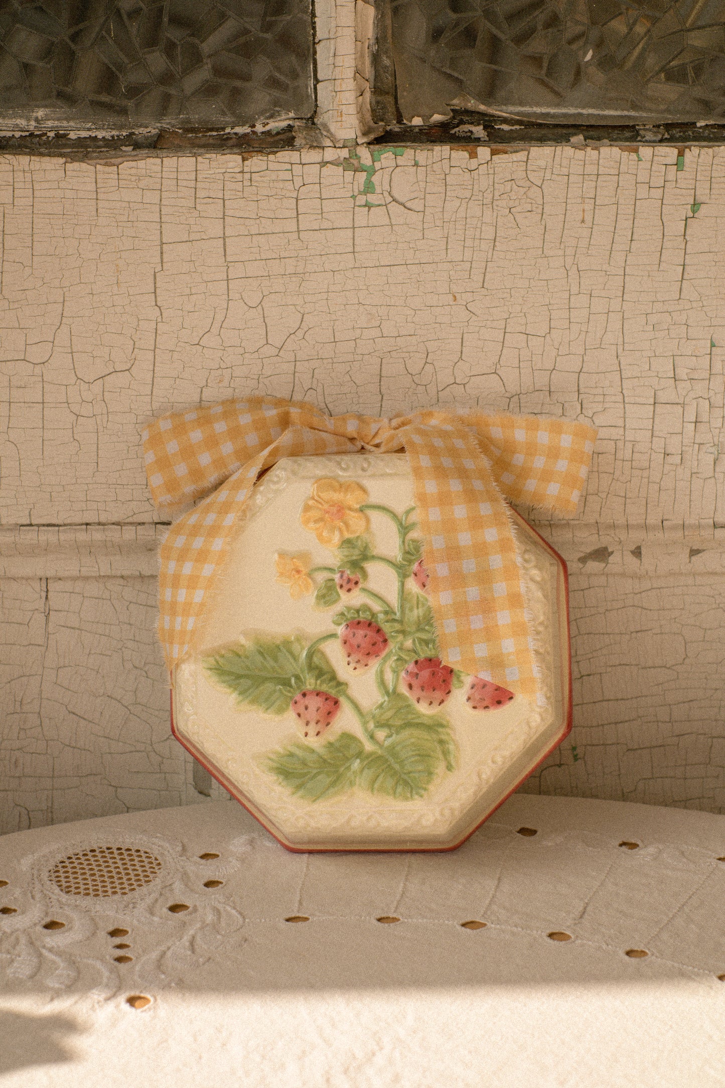 Vintage strawberry ceramic bow wall hanging