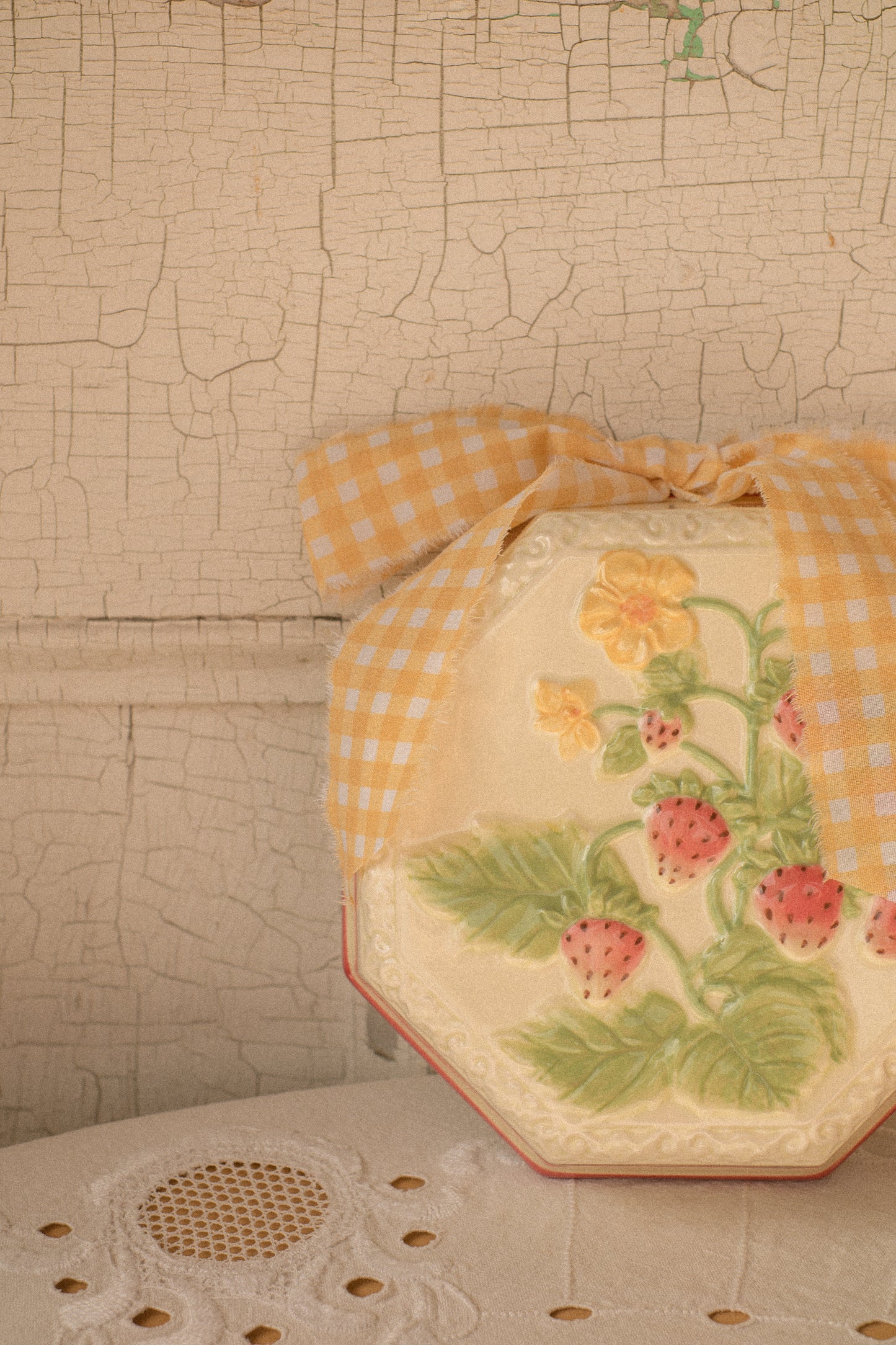 Vintage strawberry ceramic bow wall hanging
