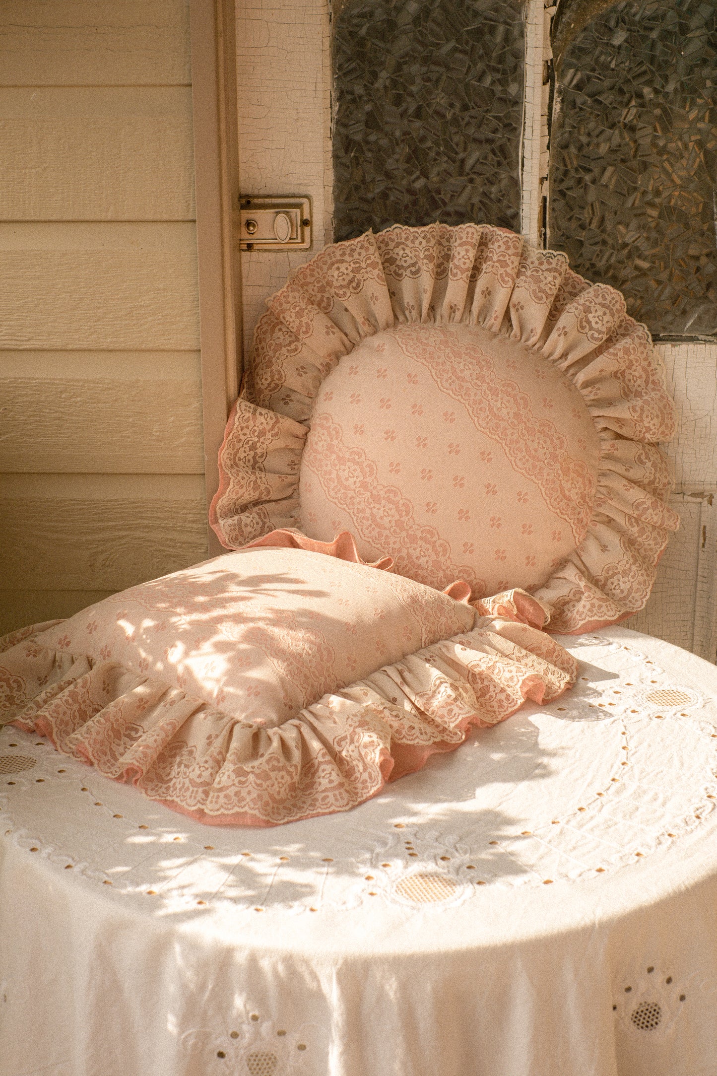Vintage pink & cream lace ruffled pillows