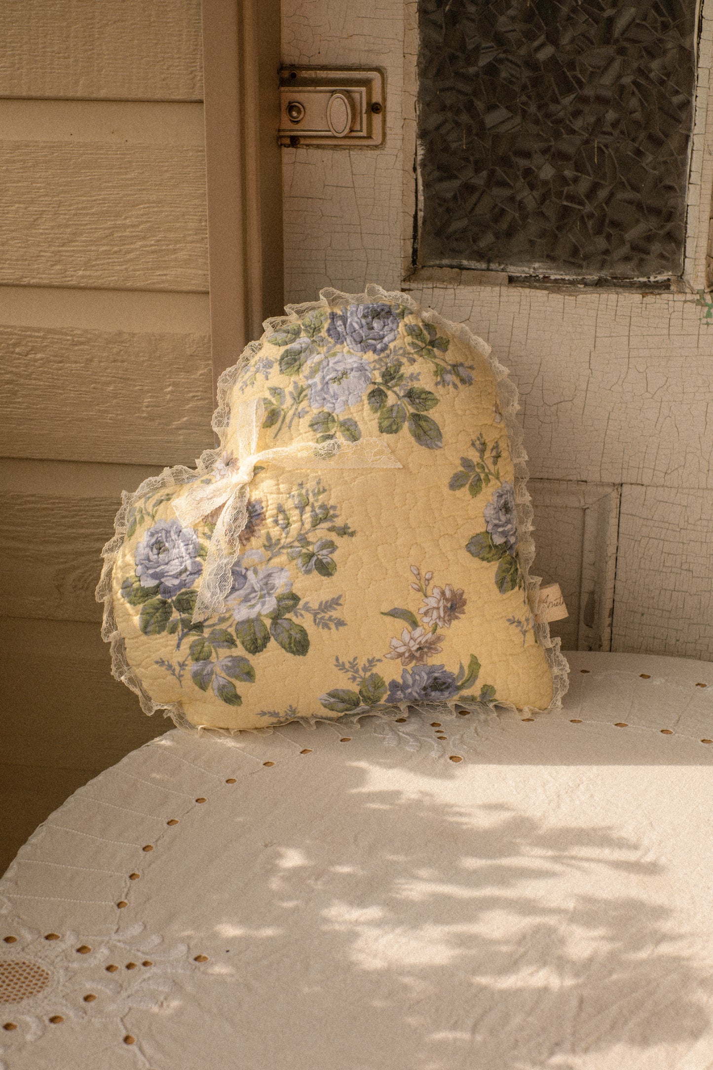 Handmade Lacey ruffled heart pillow - bluebelle