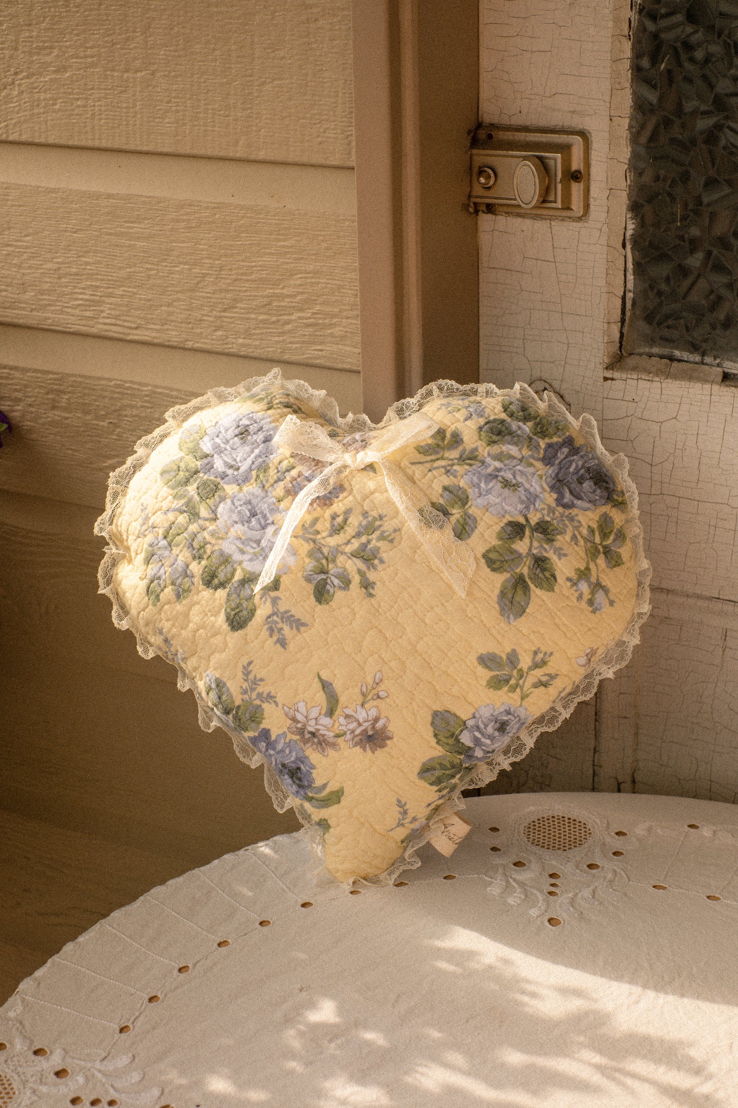 Handmade Lacey ruffled heart pillow - bluebelle