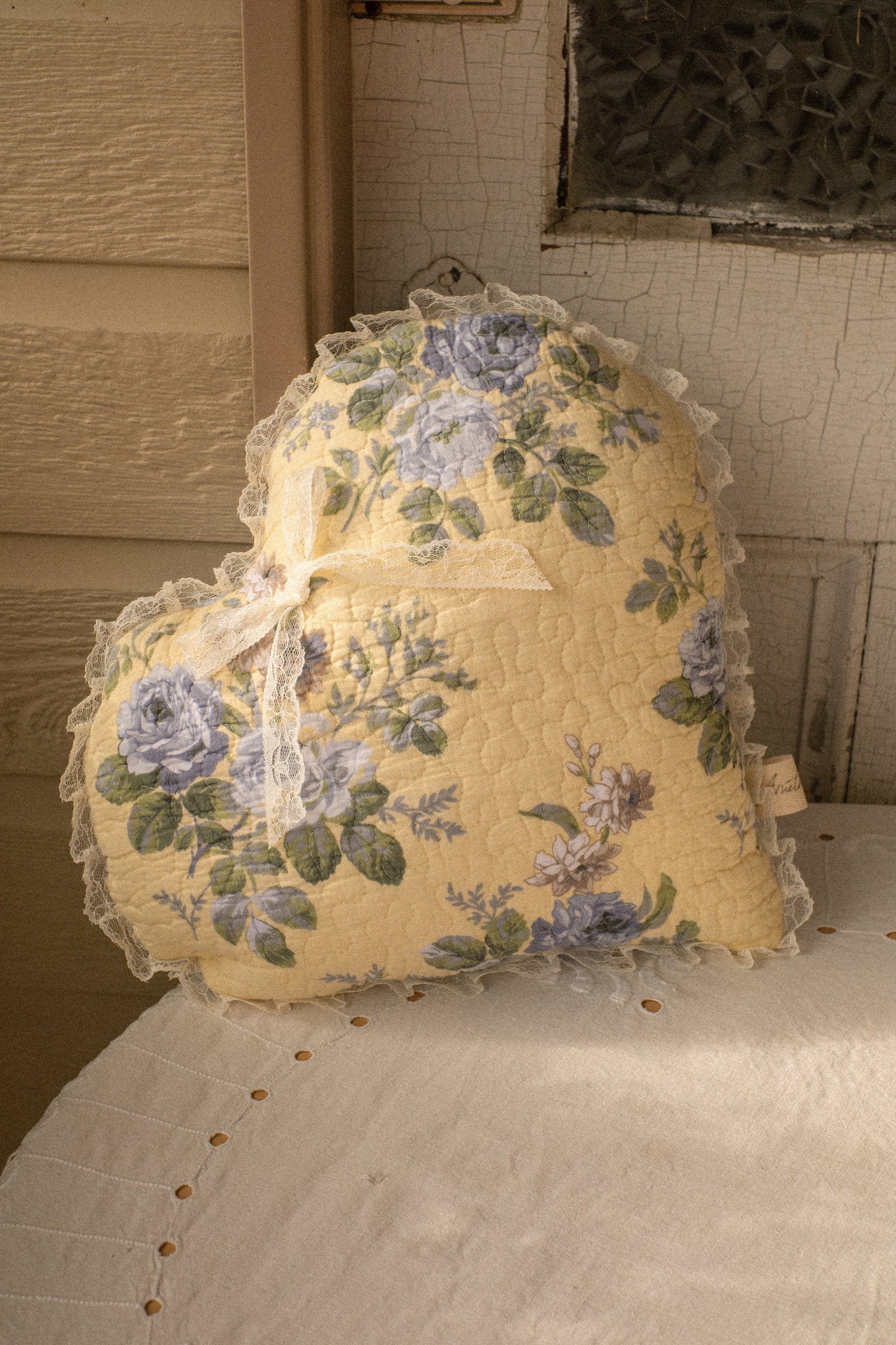 Handmade Lacey ruffled heart pillow - bluebelle