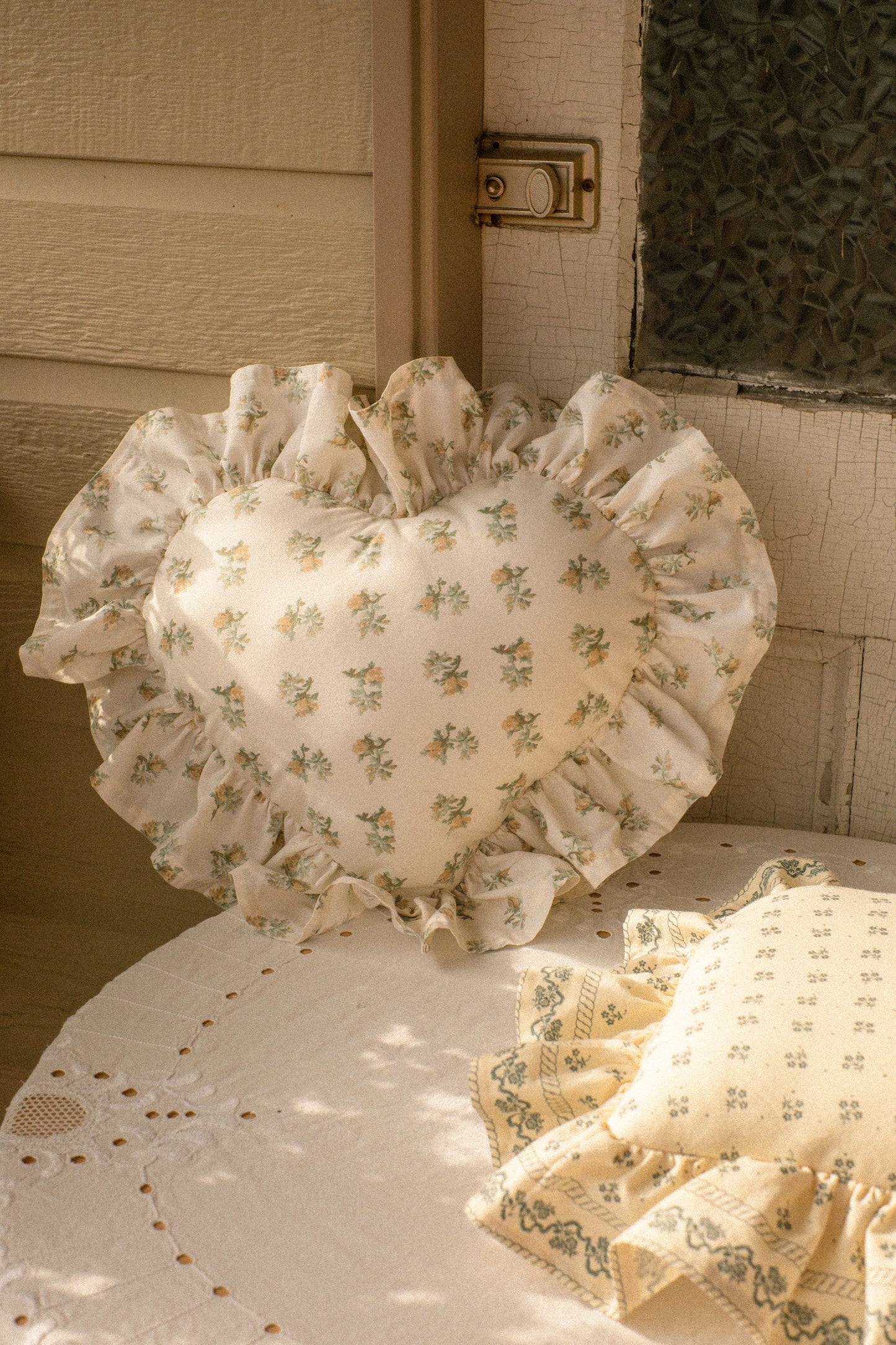 Handmade ruffled heart pillow - buttercup