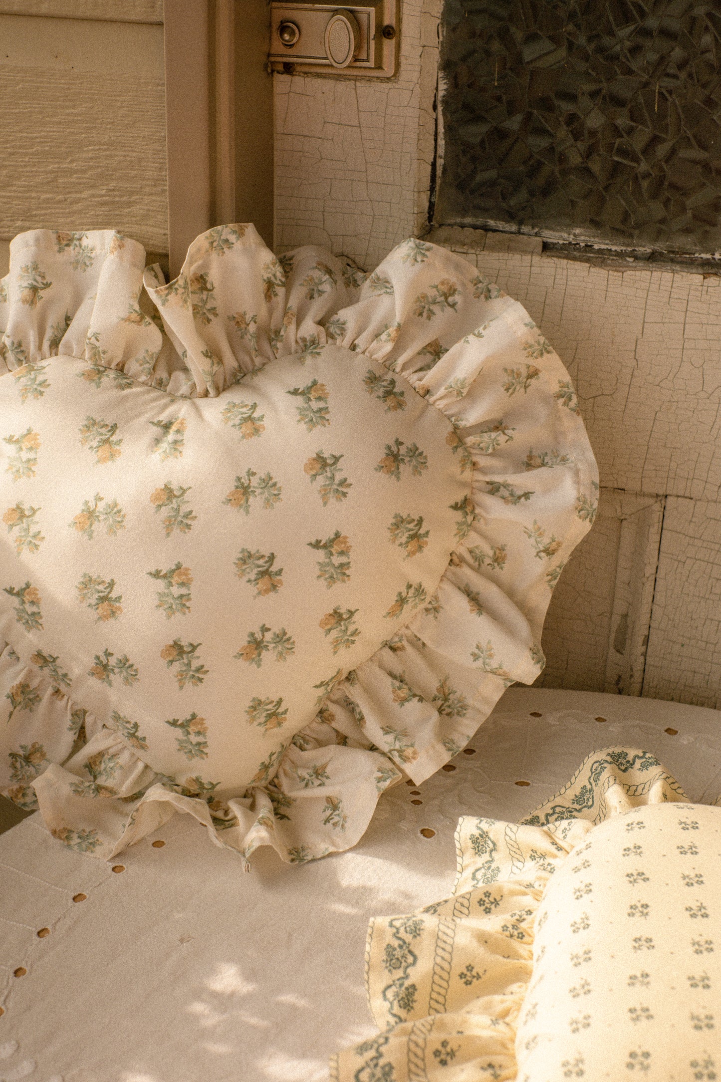 Handmade ruffled heart pillow - buttercup