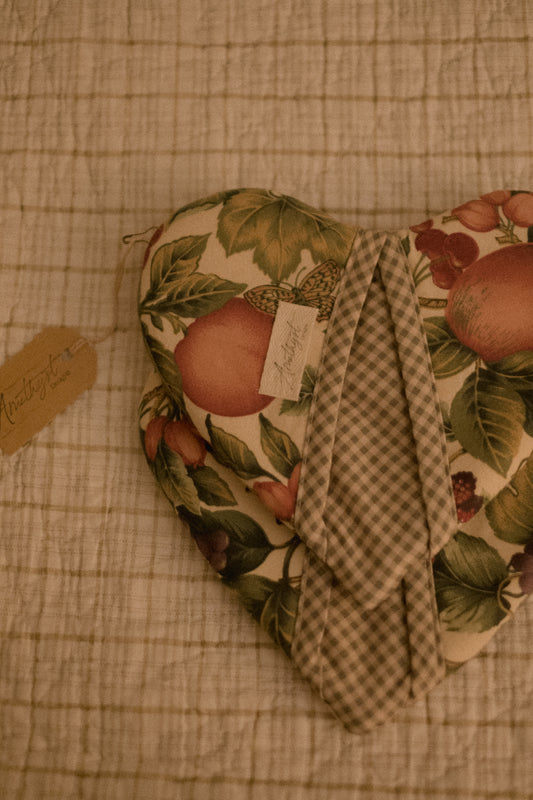 Handmade heart shaped oven mitt set - plum picking