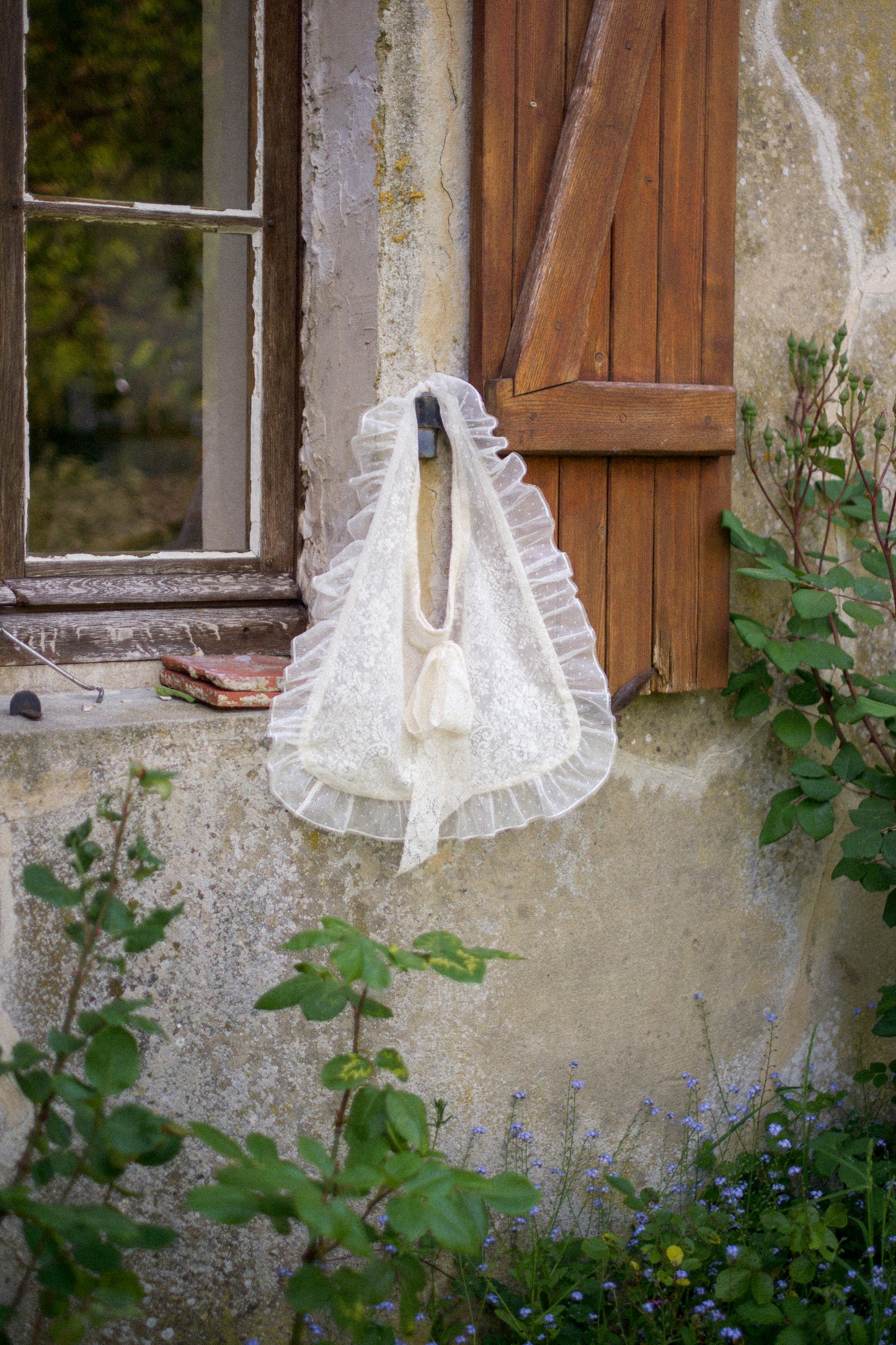 Handmade ruffled vintage lace tote