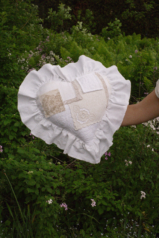 Handmade ruffled heart pillow - Antique linens